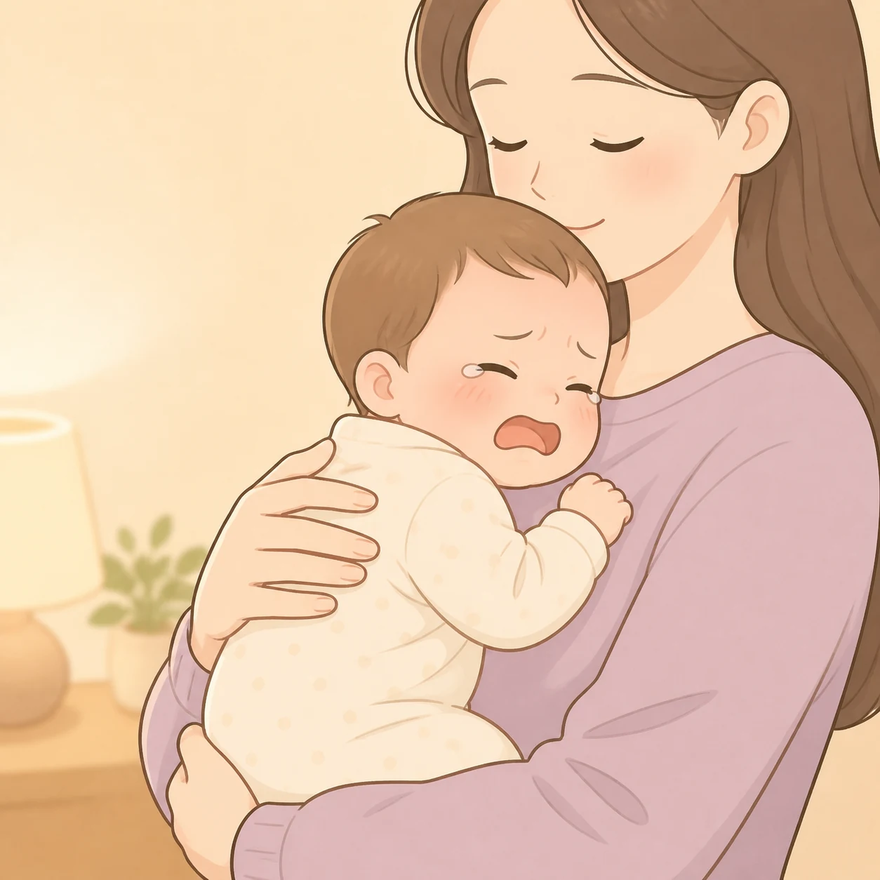 보호자 품에서 울던 아기가 안정을 찾아가는 저녁 장면