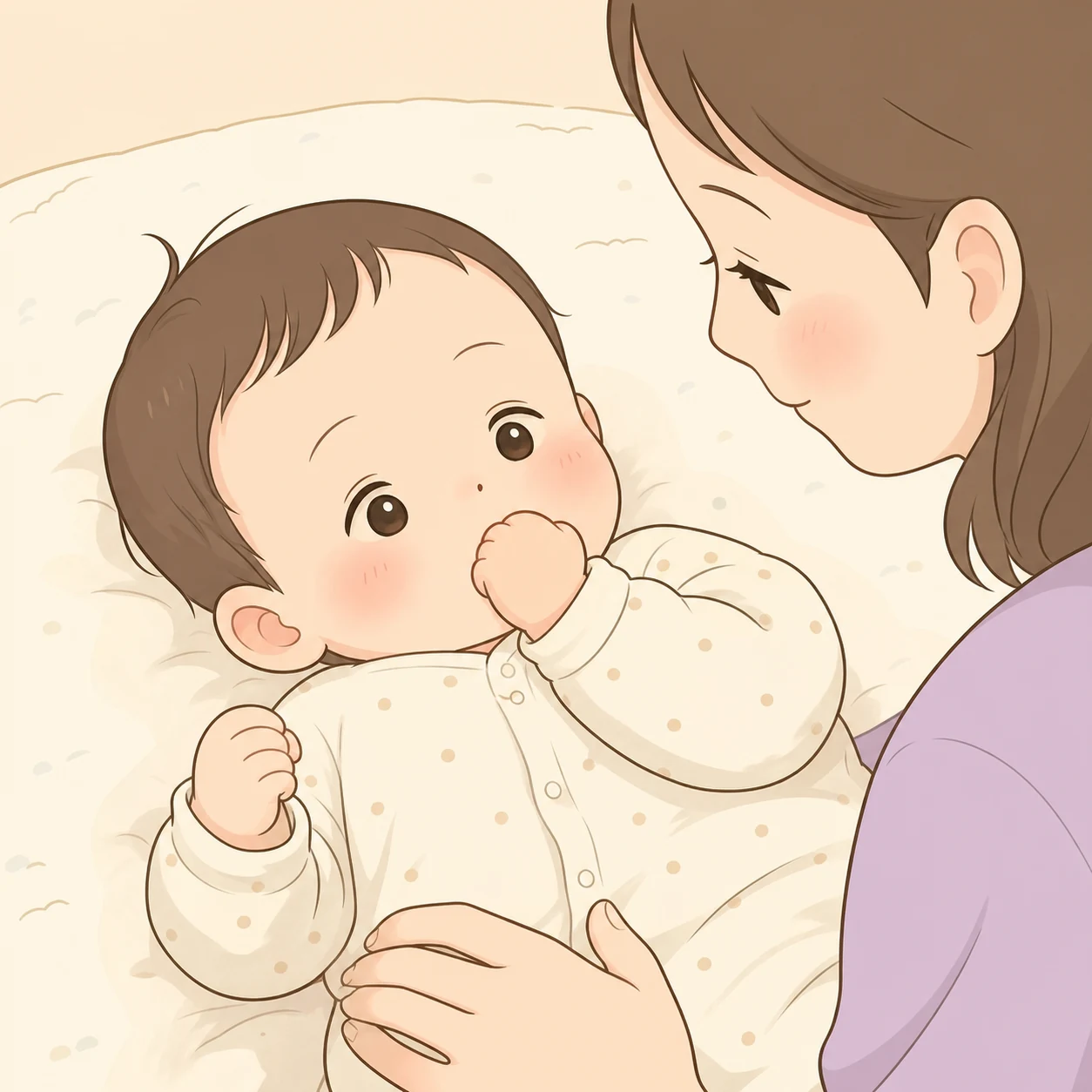 아기가 손을 입가로 가져가고 보호자가 곁에서 바라보는 장면