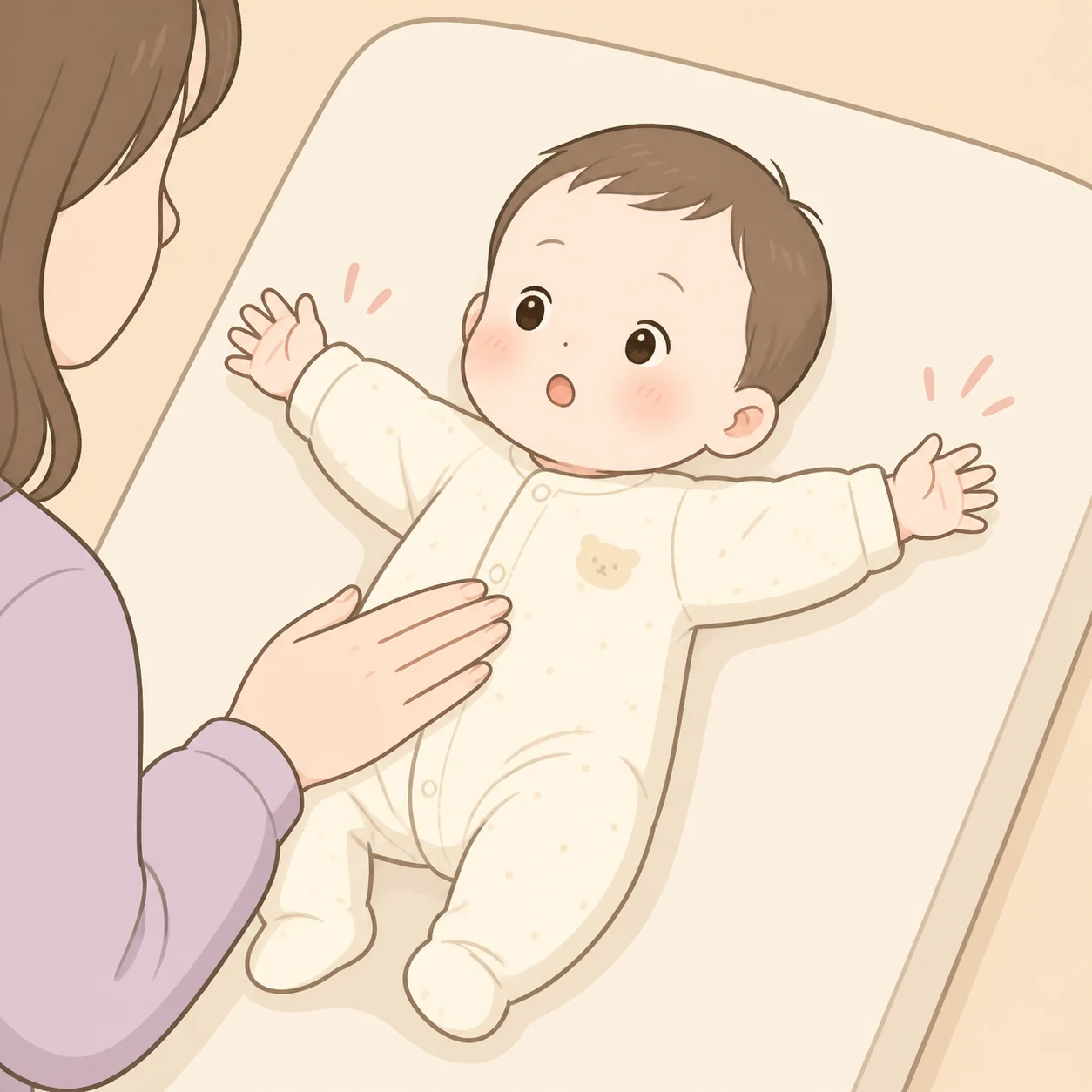 누운 아기가 깜짝 놀라 팔을 벌리고 보호자의 손이 곁에 있는 장면