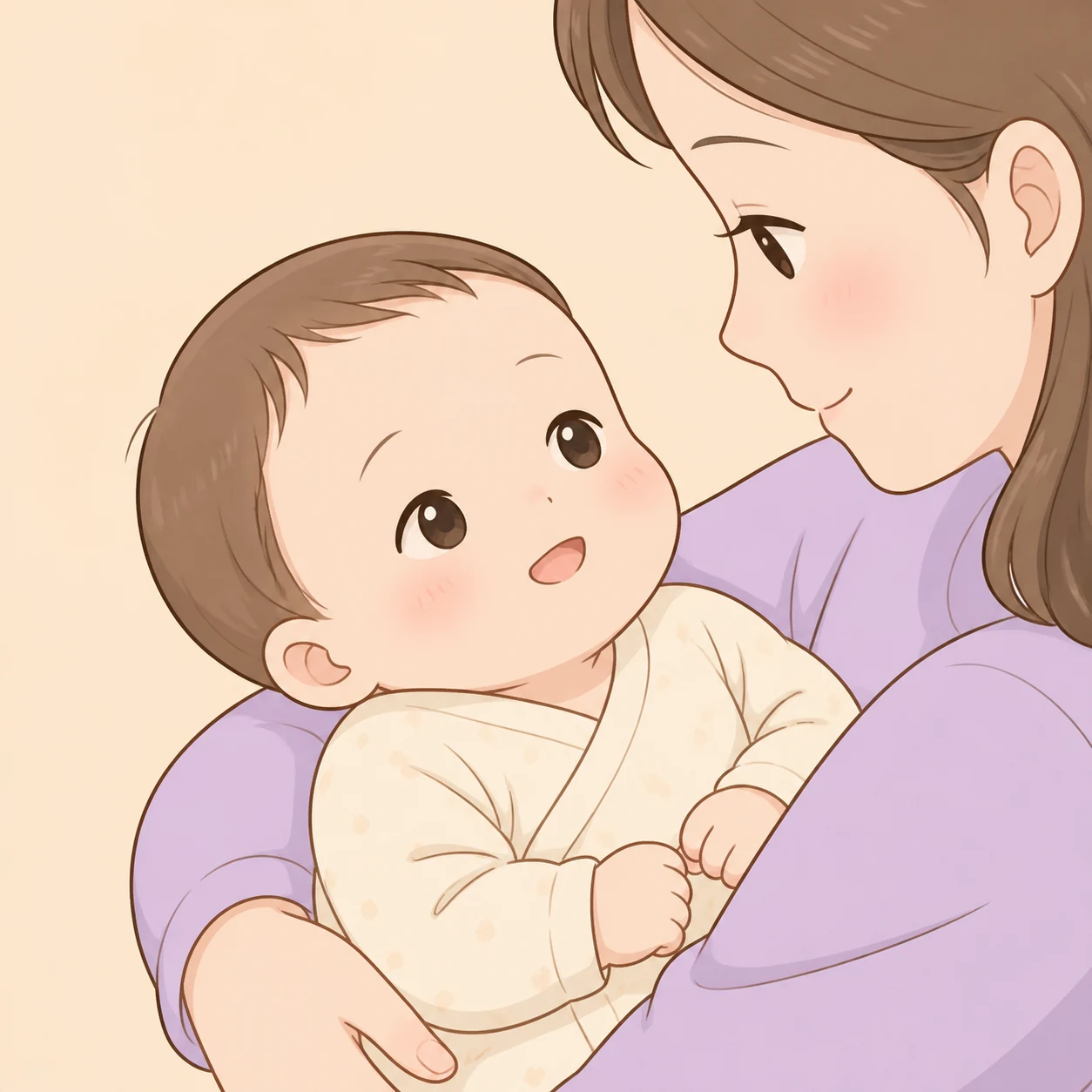 보호자 품에 안긴 아기가 얼굴을 바라보며 미소를 보이는 장면