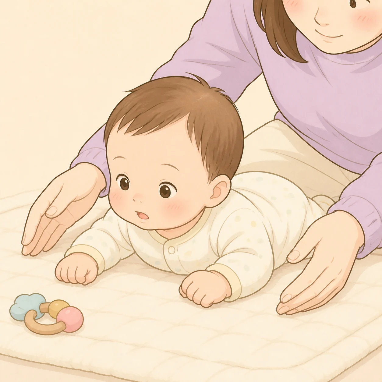 보호자 곁에서 깨어 있는 아기가 엎드려 고개를 돌려 보는 장면