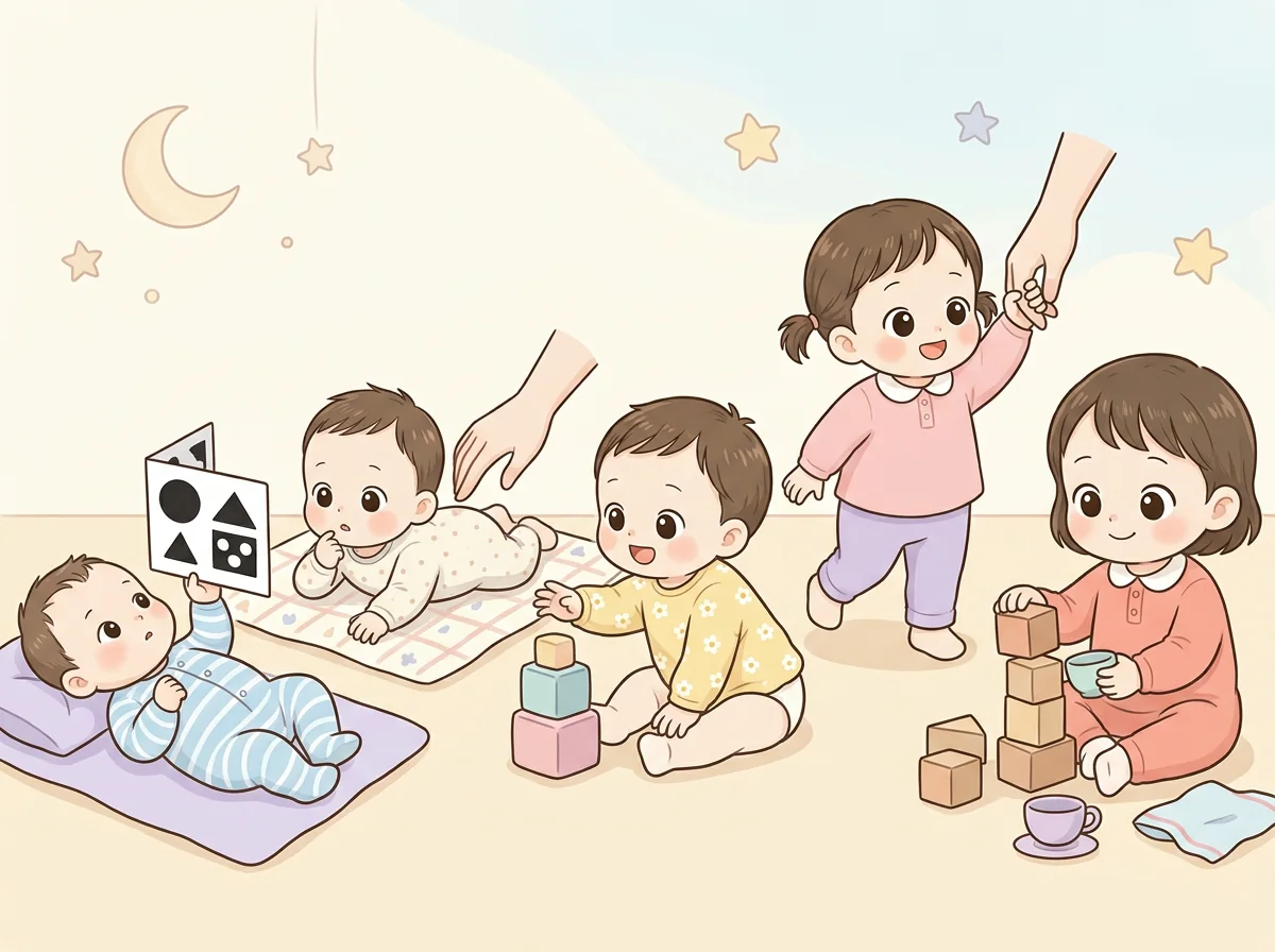 월령이 다른 아이들이 차례로 앉고 기고 걷고 놀이하는 발달 흐름 일러스트