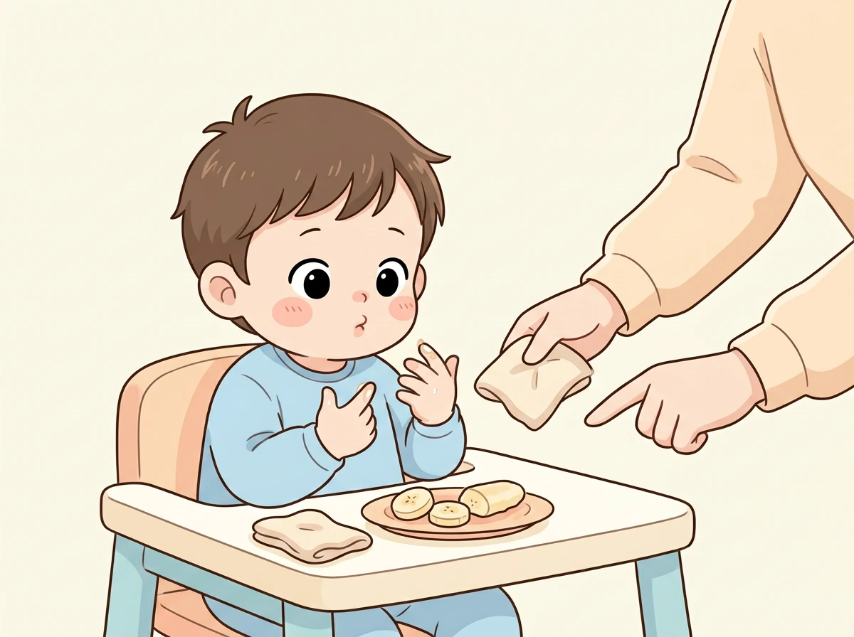 음식을 만진 뒤 손을 바라보는 아이에게 부모가 천을 건네며 상황을 설명하는 일러스트
